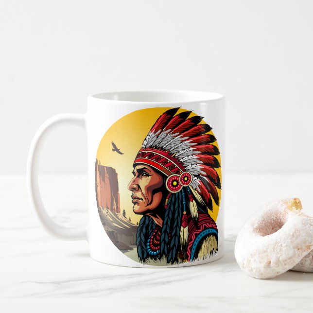 Native American Chief on wild Landscape Sunset Coffee Mug (With Donut)