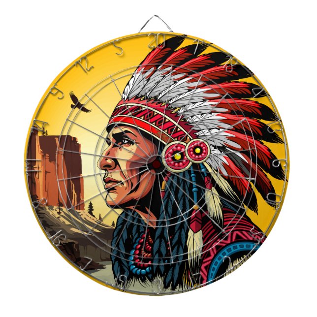 Native American Chief on wild Landscape Sunset Dartboard (Front)