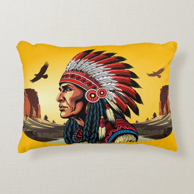 Native American Chief on wild Landscape Sunset Decorative Cushion (Front)