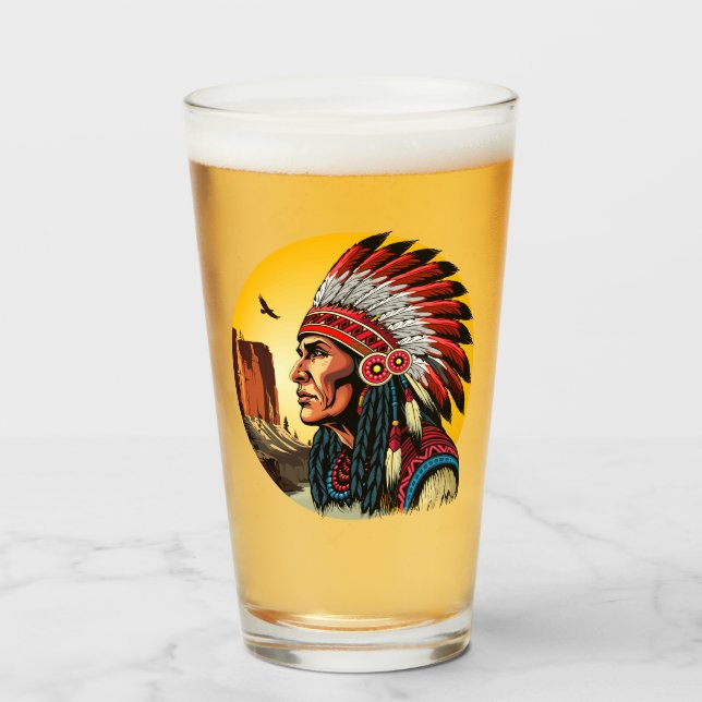 Native American Chief on wild Landscape Sunset Glass (Front Filled)