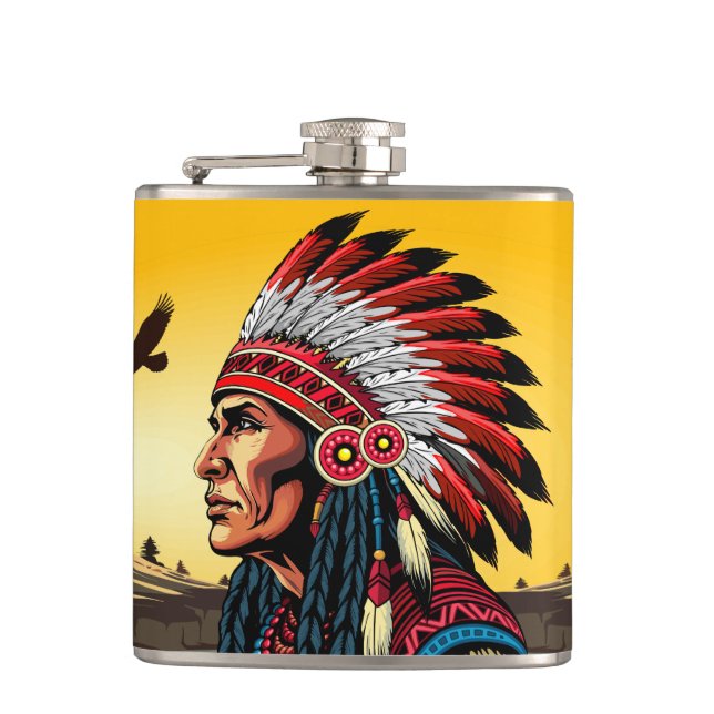 Native American Chief on wild Landscape Sunset Hip Flask (Front)