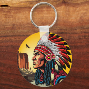 Native American Chief on wild Landscape Sunset Key Ring