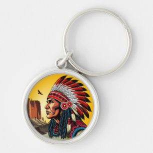 Native American Chief on wild Landscape Sunset Key Ring