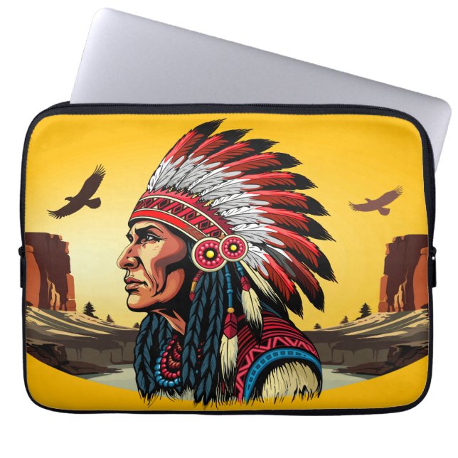 Native American Chief on wild Landscape Sunset Laptop Sleeve (Front)