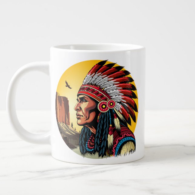 Native American Chief on wild Landscape Sunset Large Coffee Mug (Left)