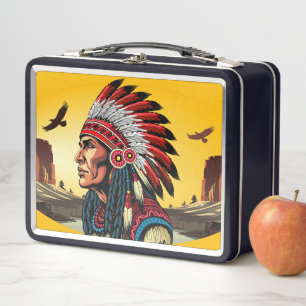Native American Chief on wild Landscape Sunset Metal Lunch Box