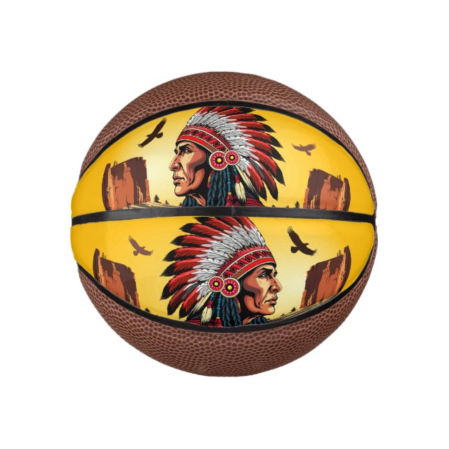 Native American Chief on wild Landscape Sunset Mini Basketball (Front)