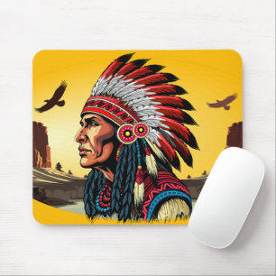 Native American Chief on wild Landscape Sunset Mouse Mat