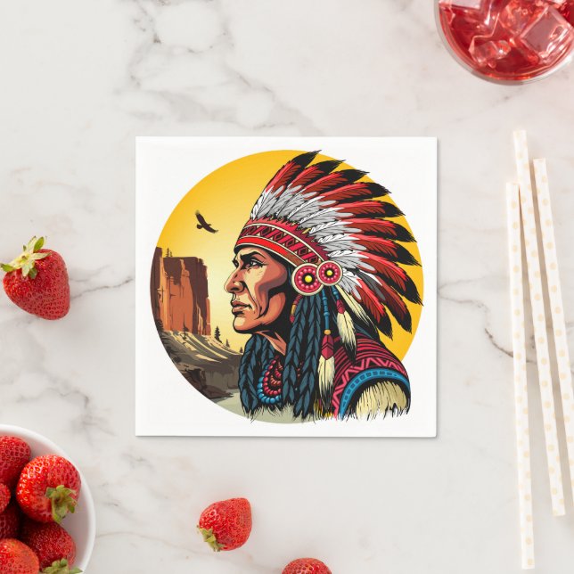 Native American Chief on wild Landscape Sunset Napkin (Insitu)