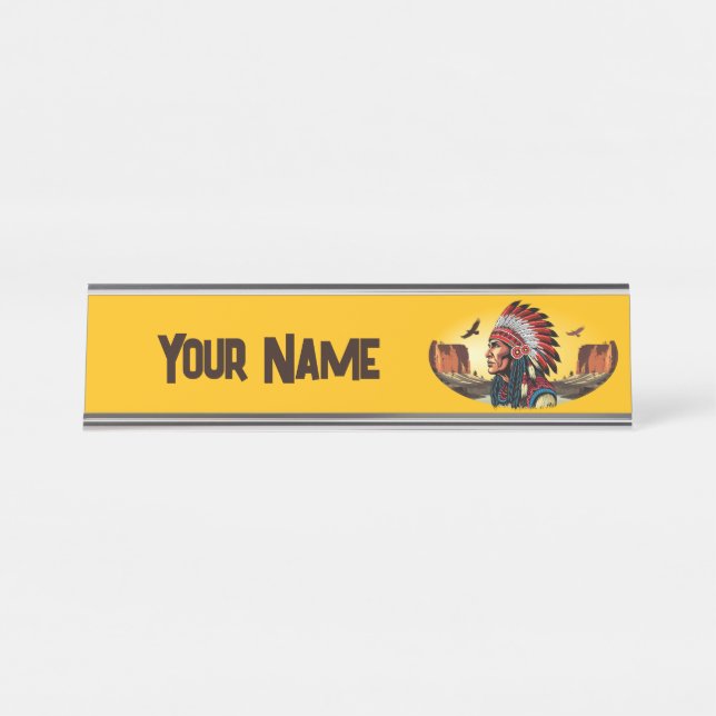 Native American Chief on wild Landscape Sunset Pen Desk Name Plate (Front)