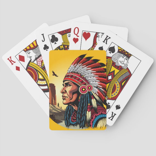 Native American Chief on wild Landscape Sunset Playing Cards (Back)