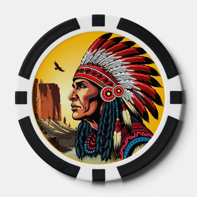Native American Chief on wild Landscape Sunset Poker Chips (Front)