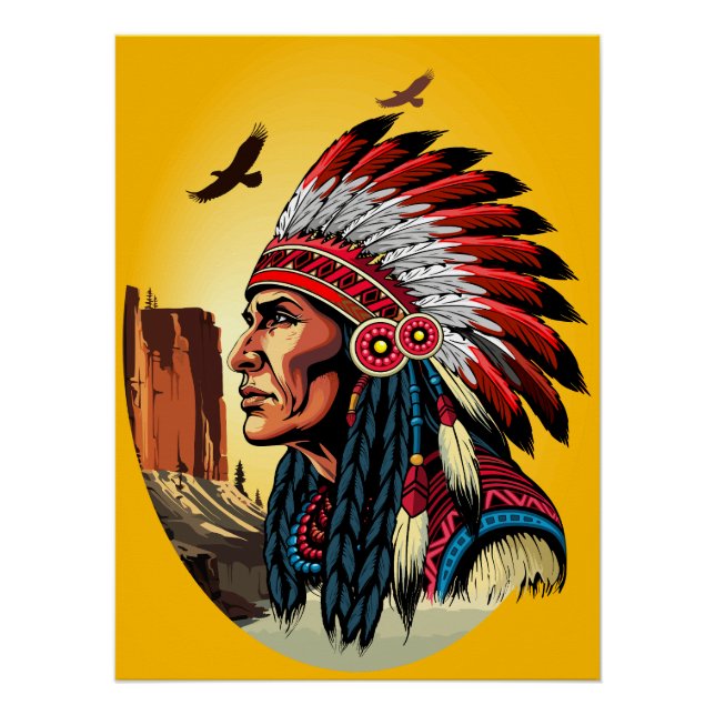 Native American Chief on wild Landscape Sunset Poster (Front)