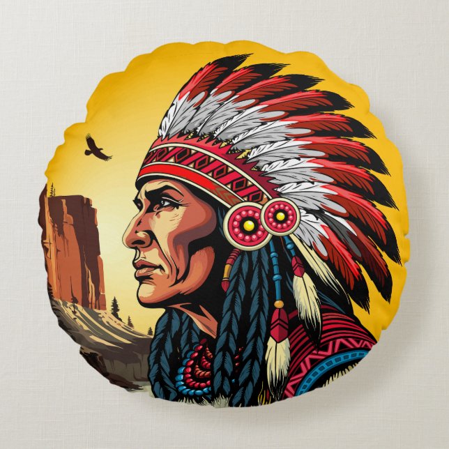 Native American Chief on wild Landscape Sunset Round Cushion (Front)