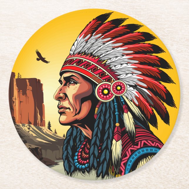 Native American Chief on wild Landscape Sunset Round Paper Coaster (Front)