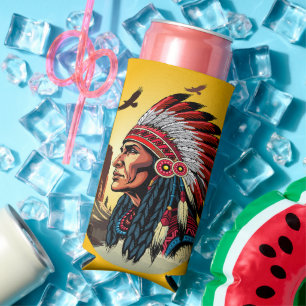 Native American Chief on wild Landscape Sunset Seltzer Can Cooler