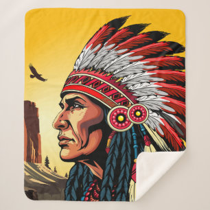 Native American Chief on wild Landscape Sunset Sherpa Blanket