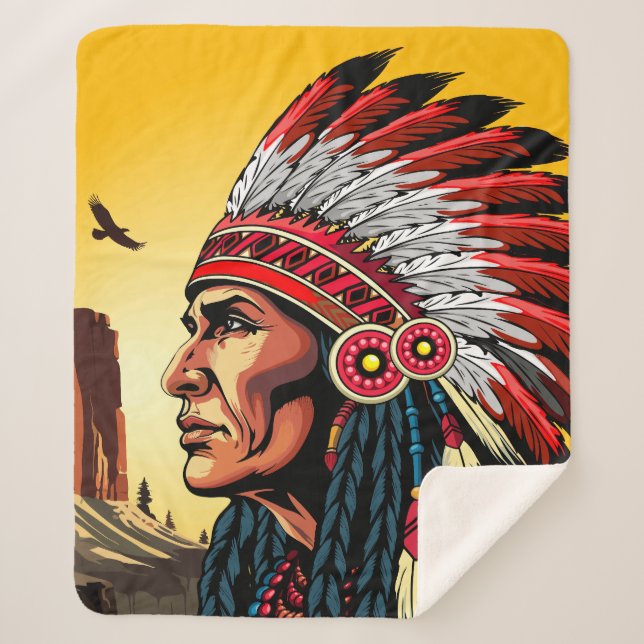 Native American Chief on wild Landscape Sunset Sherpa Blanket (Front)
