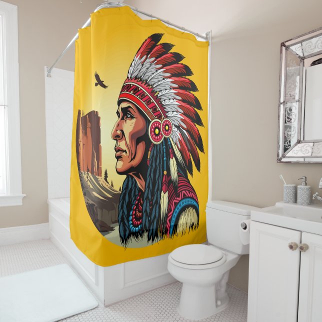 Native American Chief on wild Landscape Sunset Shower Curtain (In Situ)