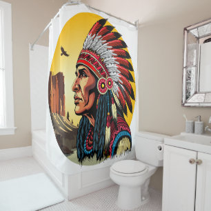 Native American Chief on wild Landscape Sunset Shower Curtain
