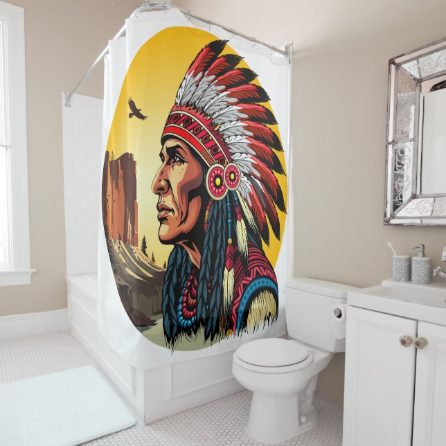 Native American Chief on wild Landscape Sunset Shower Curtain (In Situ)