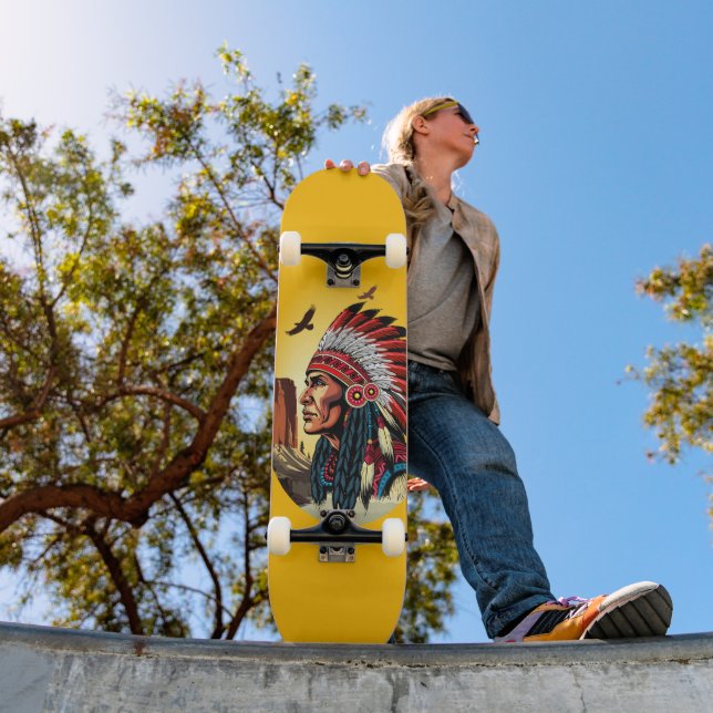 Native American Chief on wild Landscape Sunset Skateboard (Outdoor 1)
