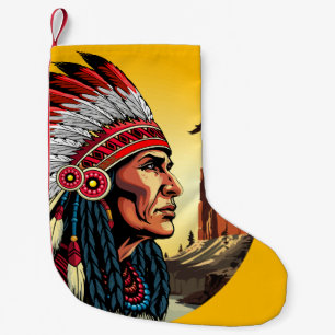 Native American Chief on wild Landscape Sunset Small Christmas Stocking