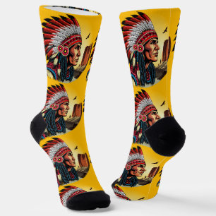 Native American Chief on wild Landscape Sunset Socks