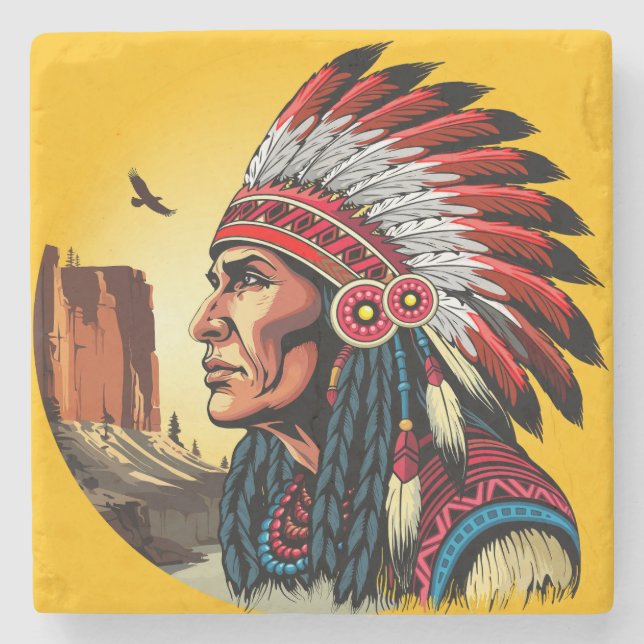Native American Chief on wild Landscape Sunset Stone Coaster (Front)