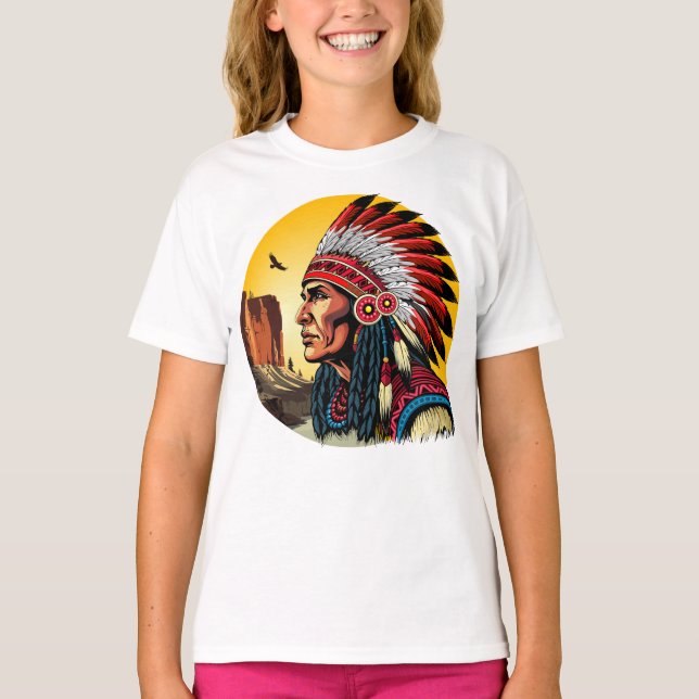 Native American Chief on wild Landscape Sunset T-Shirt (Front)