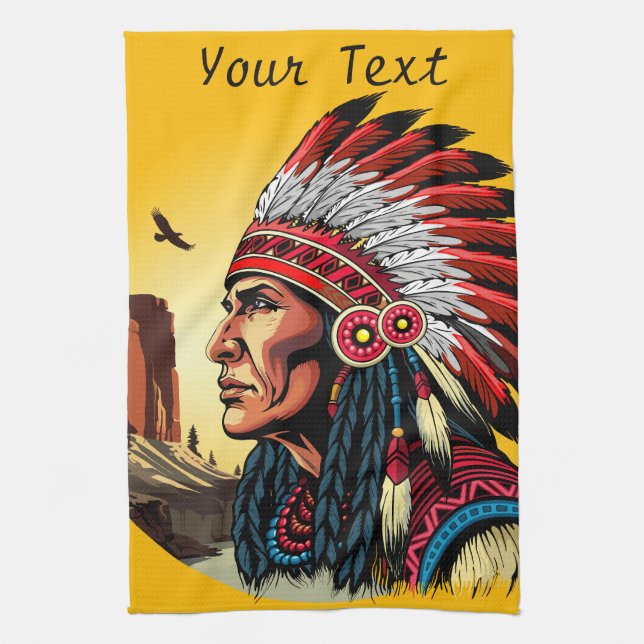 Native American Chief on wild Landscape Sunset Tea Towel (Vertical)