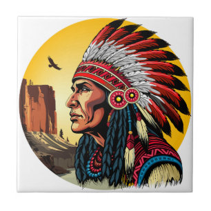 Native American Chief on wild Landscape Sunset Tile