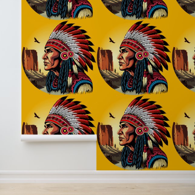 Native American Chief on wild Landscape Sunset Wallpaper (Application)