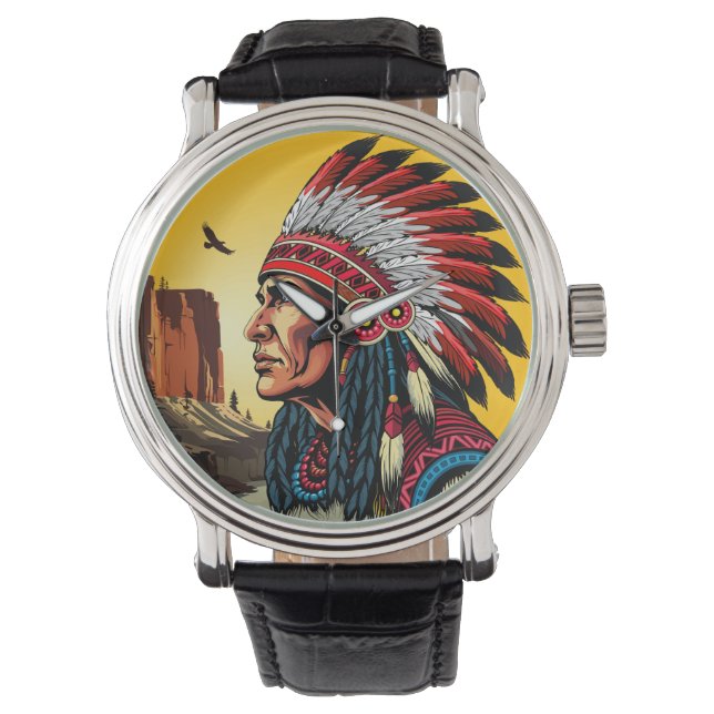 Native American Chief on wild Landscape Sunset Watch (Front)