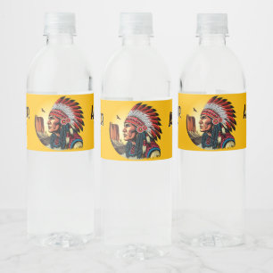 Native American Chief on wild Landscape Sunset Water Bottle Label