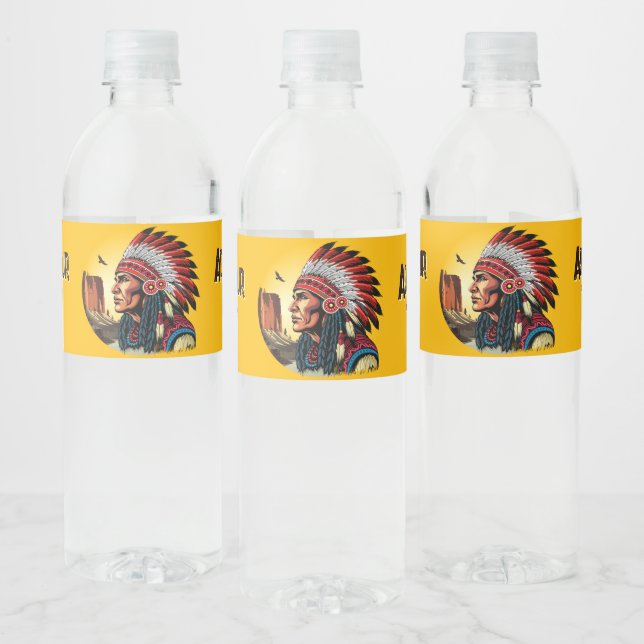Native American Chief on wild Landscape Sunset Water Bottle Label (Bottles)