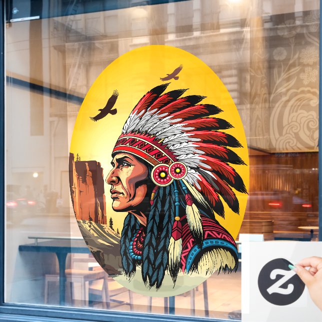 Native American Chief on wild Landscape Sunset Window Cling (Cafe Window)