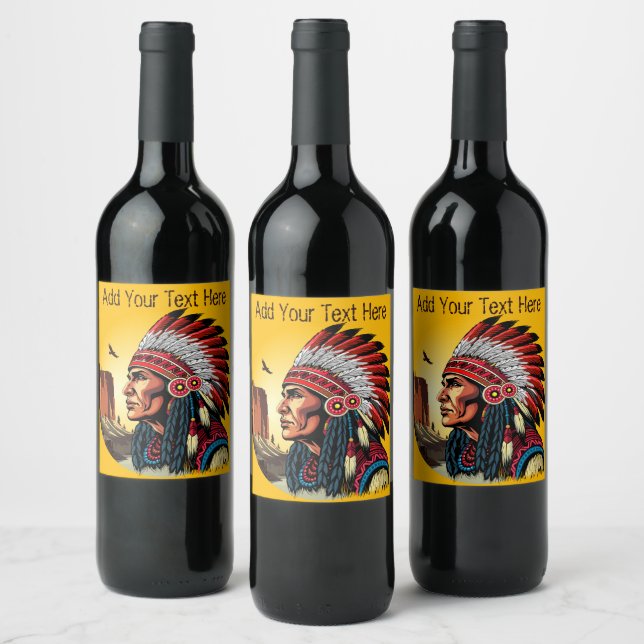 Native American Chief on wild Landscape Sunset Wine Label (Bottles)