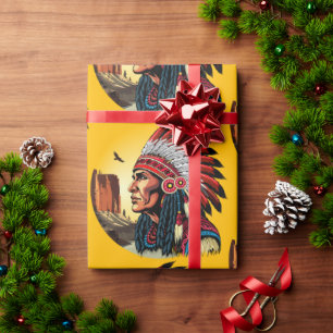 Native American Chief on wild Landscape Sunset Wrapping Paper