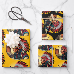 Native American Chief on wild Landscape Sunset Wrapping Paper Sheet