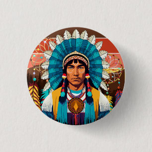 Native American Chief Powerful Portrait 3 Cm Round Badge