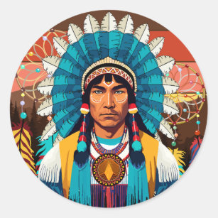 Native American Chief Powerful Portrait Classic Round Sticker