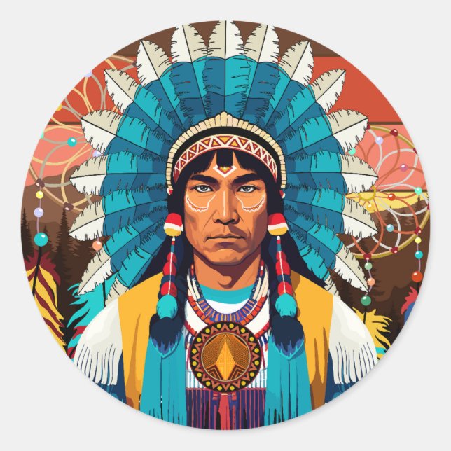 Native American Chief Powerful Portrait Classic Round Sticker (Front)