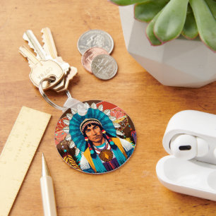 Native American Chief Powerful Portrait Key Ring