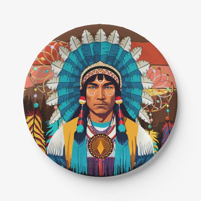 Native American Chief Powerful Portrait Paper Plate (Front)