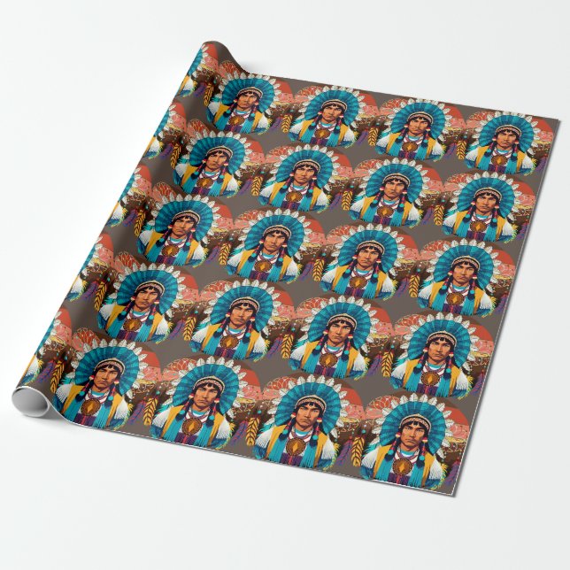 Native American Chief Powerful Portrait Wrapping Paper (Unrolled)