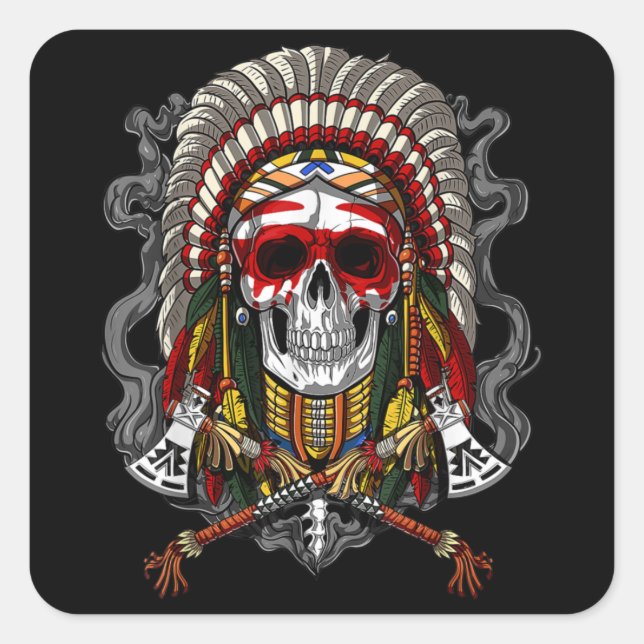 Native American Chief Skull Indian Headdress Square Sticker (Front)