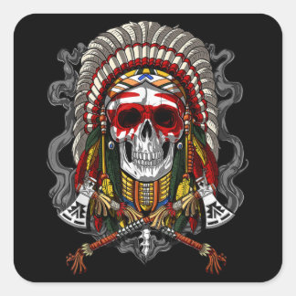 Native American Chief Skull Indian Headdress Square Sticker