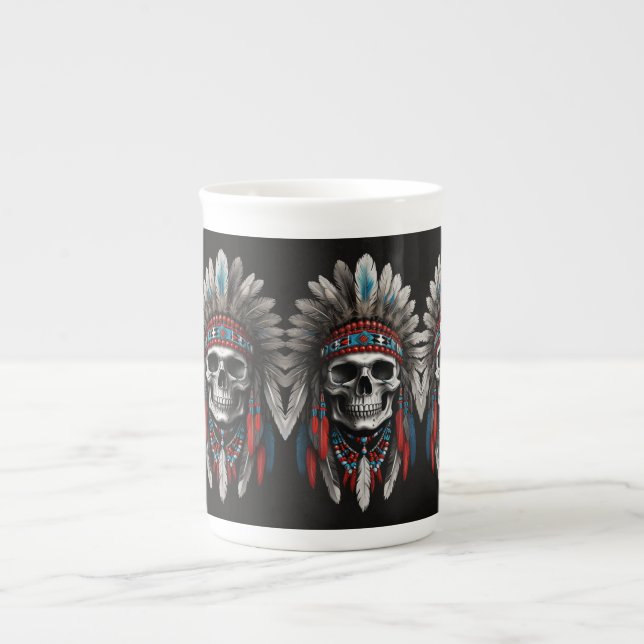 Native American Chief Skull with Headdress Bone China Mug (Front)