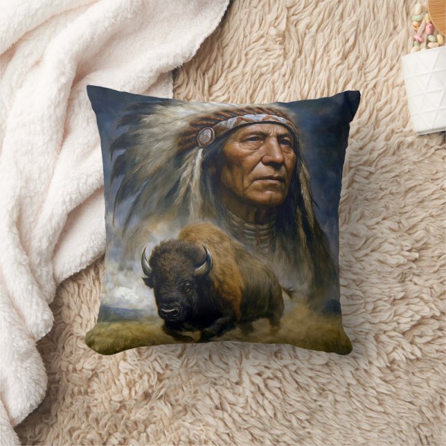 Native American Chief with Charging Buffalo Cushion (Blanket)